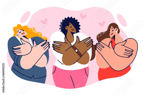 Women hug themselves, demonstrating independence and desire to step away from romantic relationships