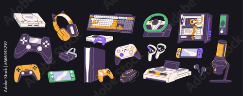 Videogame equipment set. Game console, computer, gamepad. Gamer device, accessory. Cybersport player gadget: controller, joystick, wheel, keyboard. Playing machinery. Flat isolated vector illustration