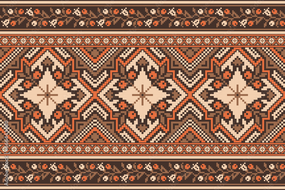 flower embroidery on brown background. ikat and cross stitch geometric seamless pattern ethnic oriental traditional. Aztec style illustration design for carpet, wallpaper, clothing, wrapping, batik. flower embroidery on brown background. ikat and cross stitch geometric seamless pattern ethnic oriental traditional. Aztec style illustration design for carpet, wallpaper, clothing, wrapping, batik.