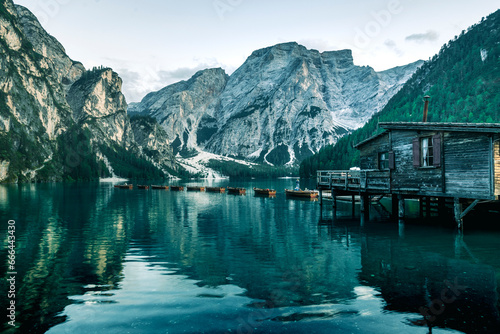 View of Braies Lake (Pragser Wildsee), a blue mountain lake on Fanes-Senes-Braies with Croda del Becco mountain in background, Dolomites, Trentino, South Tyrol, Italy. photo