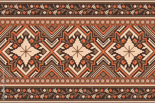 flower embroidery on brown background. ikat and cross stitch geometric seamless pattern ethnic oriental traditional. Aztec style illustration design for carpet, wallpaper, clothing, wrapping, batik.	