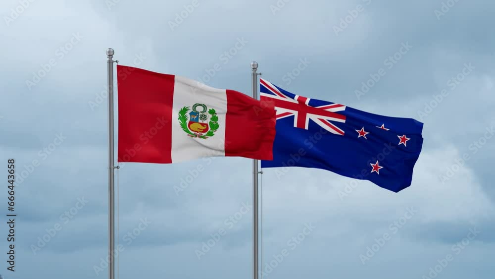 New Zealand and Peru flag waving together on cloudy sky, endless seamless loop, two country cooperation concept New Zealand and Peru flag waving together on cloudy sky, endless seamless loop, two country cooperation concept