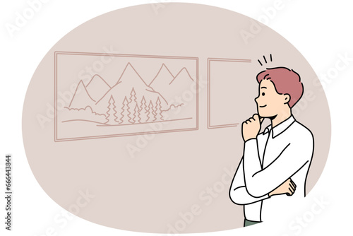 Happy young man look at paintings in museum. Smiling guy stare at drawing enjoy art on wall. Hobby and entertainment. Vector illustration.