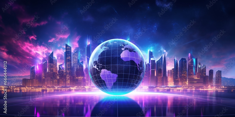Futuristic 3D Globe in Technological City Skyline Background, Copy Space