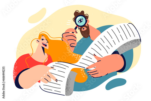 Man and woman are looking at paper payment receipt from bank and using magnifying glass