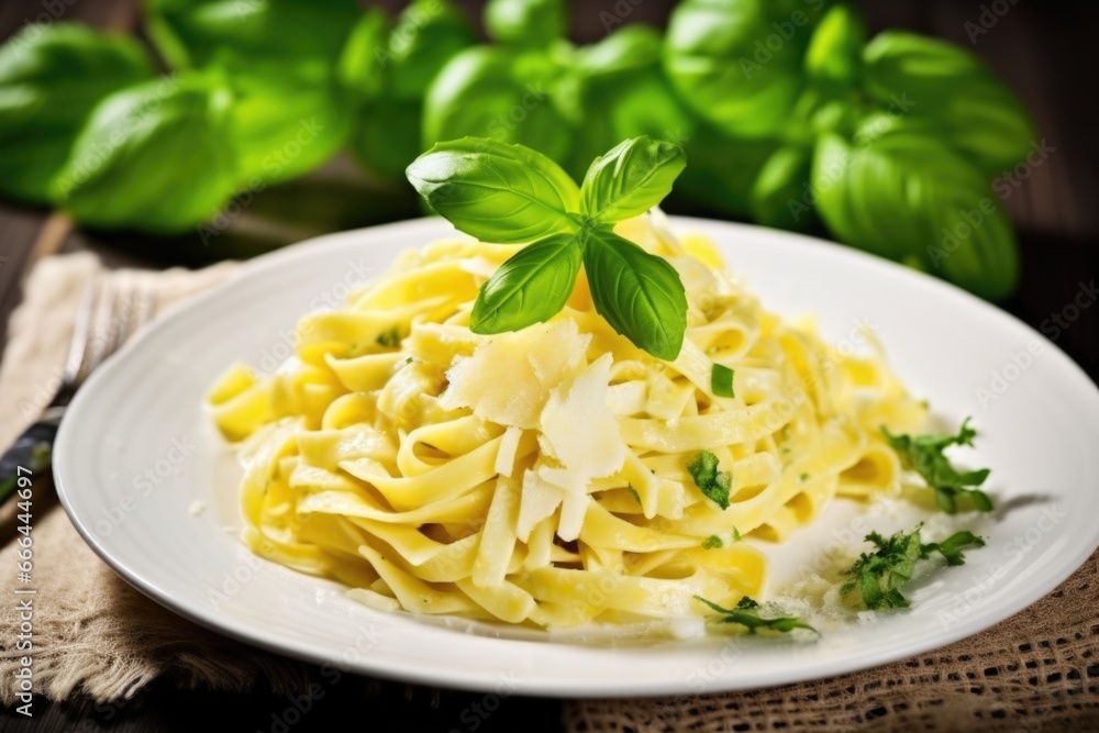 delicious fettuccine alfredo garnished with a sprig of basil delicious fettuccine alfredo garnished with a sprig of basil