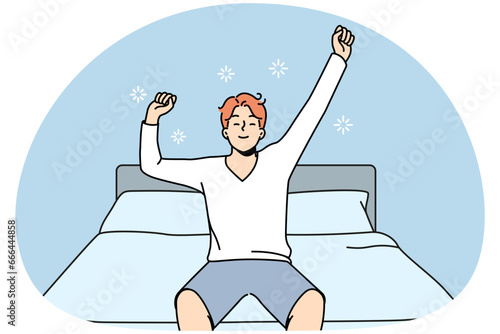 Happy young man stretch waking up in home bedroom. Smiling guy excited with good morning in bed do morning gymnastics. Vector illustration.