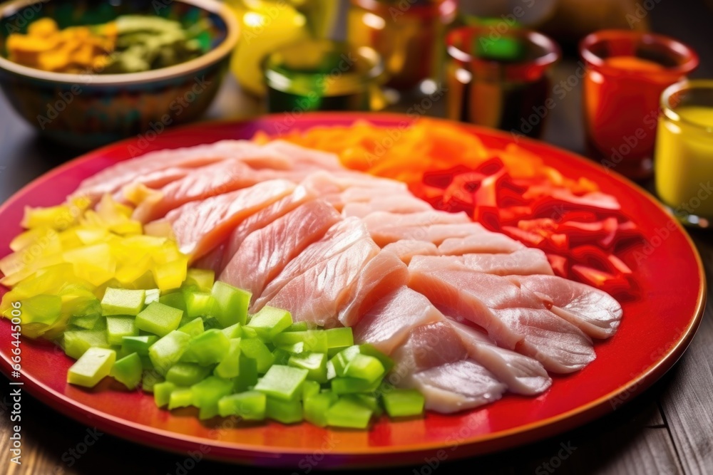 close-up of whitefish steak being flaked on a colorful plate