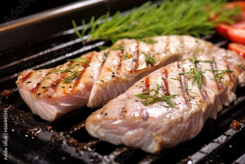 close-up macro shot of flaky marlin steak on a pan