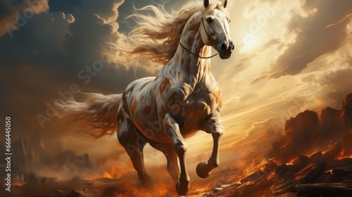 Graceful Equine  An Enchanting Vector Illustration of a Majestic Black and White Stallion in Full Gallop amid Idyllic Countryside  generative AI