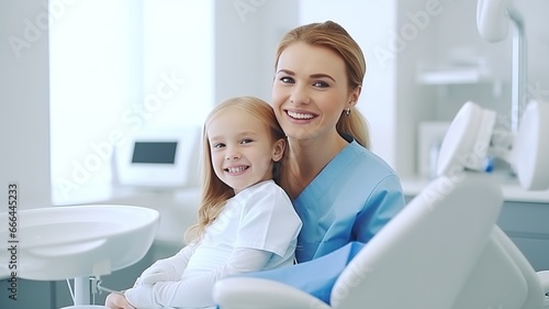 Portrait of smiling curly pretty little girl in dental chair with doctor dentist preparing her for teeth check up, copy space. Little beautiful girl at the dentist looks at the camera and smiles