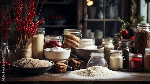 A dining table covered in holiday baking ingredients 