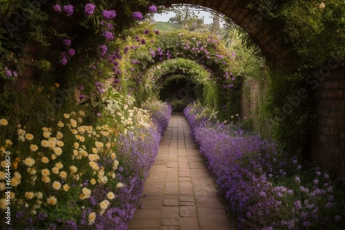 A painted pathway through a purple flower garden leading to the end of the tunnel, with pathways to the right, left, and the end. Generative AI