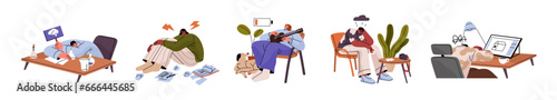 Creativity burnout, crisis set. Sad creative people with no inspiration, problems with imagination at work. Writer, musician in depression, frustration. Flat isolated vector illustration on white