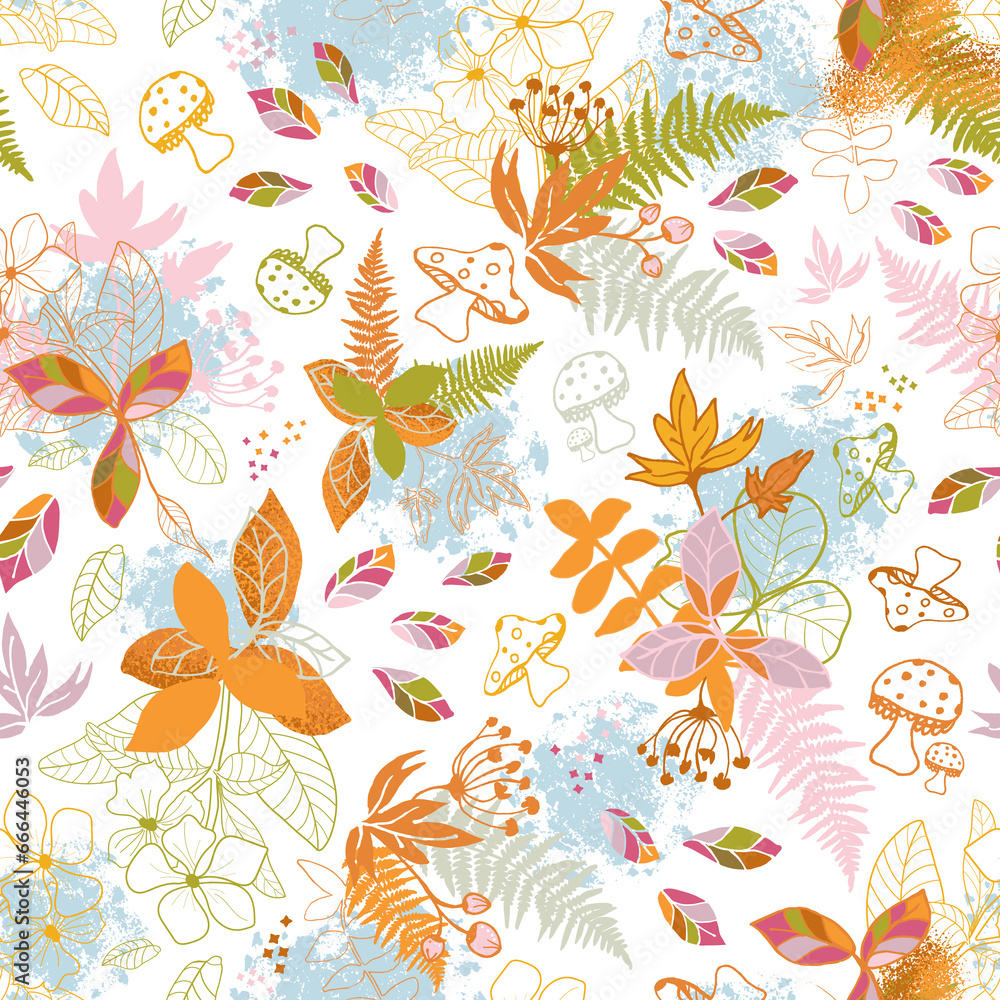 Autumnal Forest Fungi and Leaves Hand Drawn Seamless Pattern Swatch. Fine Background All Over Wallpaper Design. Autumnal Forest Fungi and Leaves Hand Drawn Seamless Pattern Swatch. Fine Background All Over Wallpaper Design.