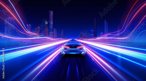 A high-speed sports car driving at night, futuristic technology speed line concept illustration