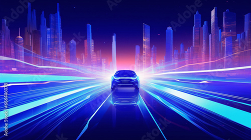 A high-speed sports car driving at night, futuristic technology speed line concept illustration