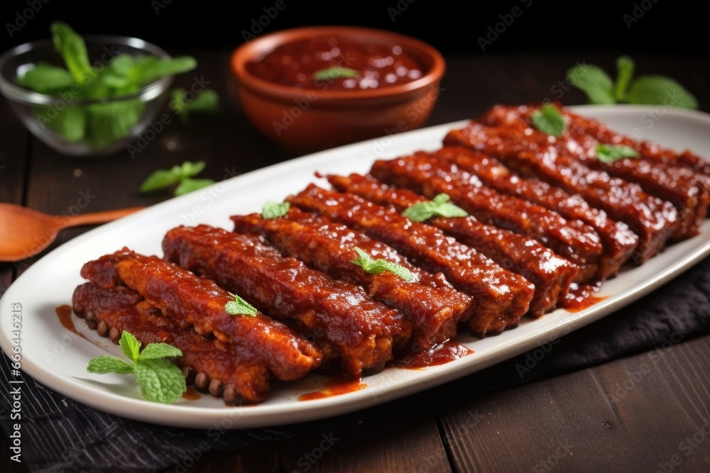 side view of tempeh ribs coated in bbq sauce on a rectangular plate