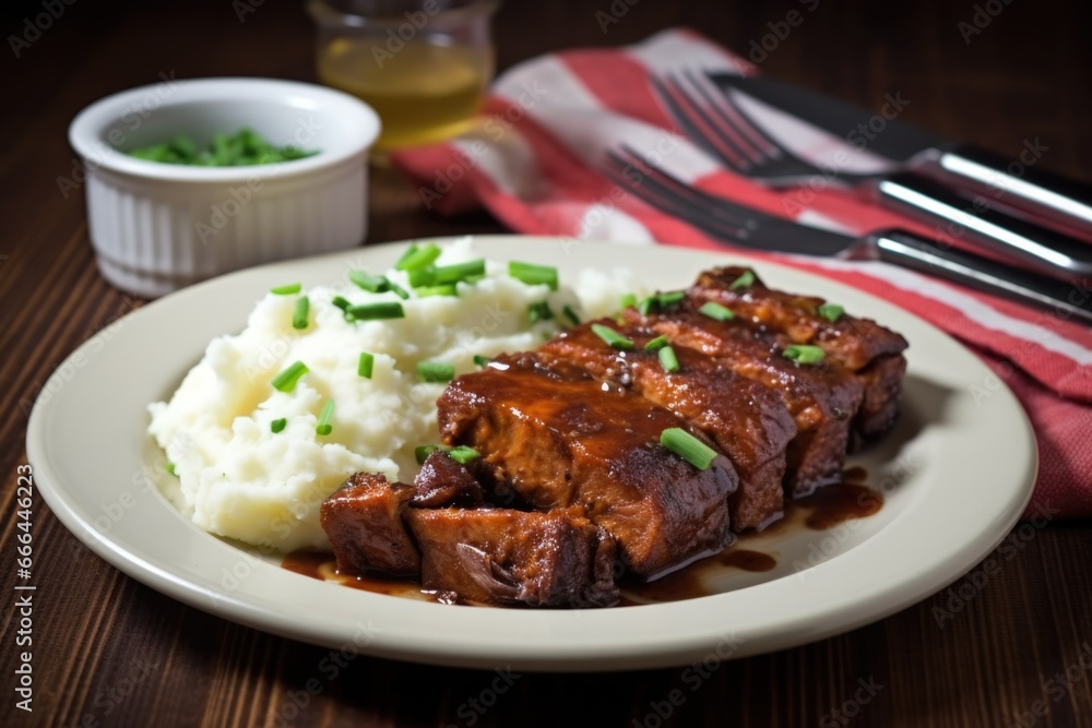 bbq tempeh ribs served with mashed potatoes, and complete with silverware