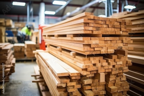 trimmed wood planks stacked in industrial workshop © altitudevisual