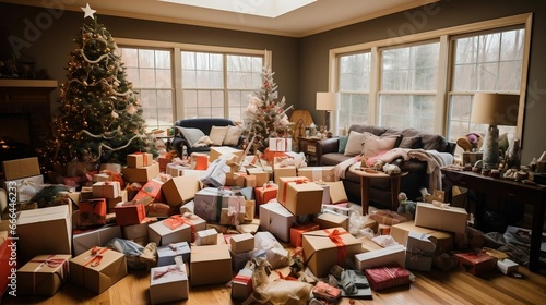 A room filled with the aftermath of gift-wrapping
