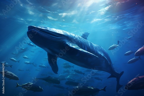 Underwater illustration of blue whales in a shoal in the ocean. Generative AI
