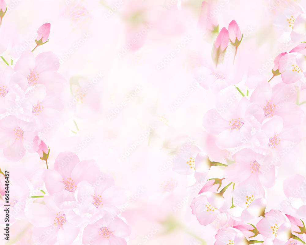 薄いピンク色の桜の花と花びら舞い散るクローズアップ背景素材イラスト