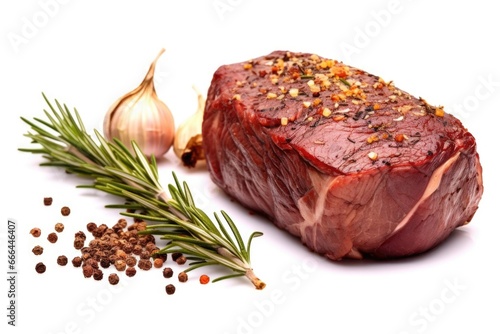 beef roast, garlic and rosemary isolated on white background