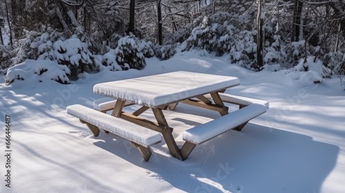 Snow-covered picnic table. AI generated