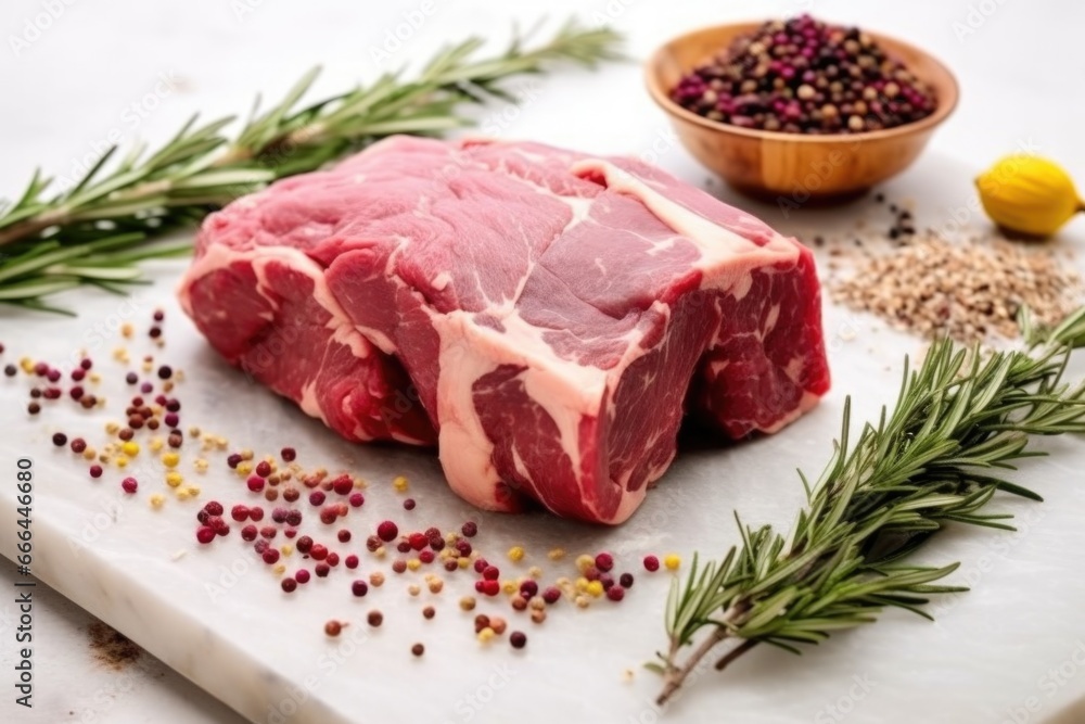 uncooked beef roast with garlic cloves and rosemary sprigs on a marble tabletop uncooked beef roast with garlic cloves and rosemary sprigs on a marble tabletop