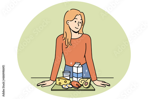 Smiling woman show organic products recommend healthy lifestyle. Happy female nutritionist or dietician with dairy and natural meal. Diet and healthcare. Vector illustration.