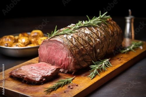 close-up side view of beef roast with garlic and rosemary on a stone tray
