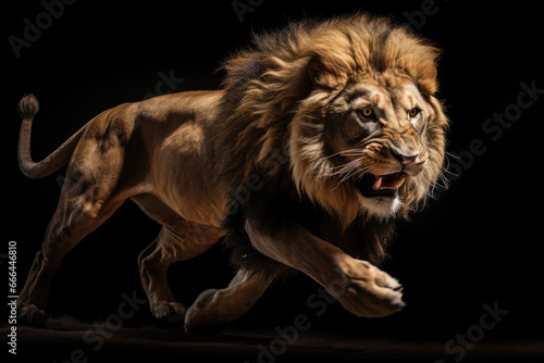 Running lion on black background