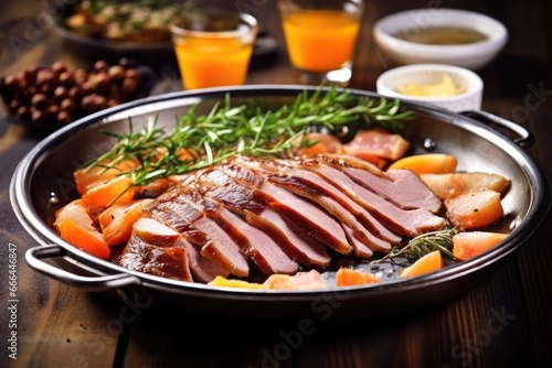 a round dish with sliced pieces of roast duck