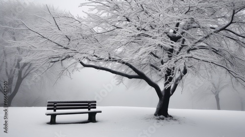 A minimalistic snow-covered bench in a park. AI generated