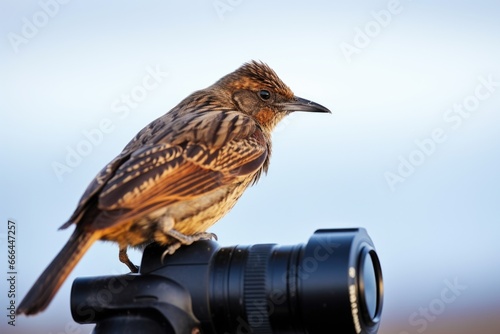 a bird perched on a nature photographers camera in the wild