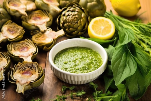 grilled artichokes spread out, presenting their charred leaves, garlic dip nearby