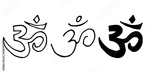 Collection of sacred sound symbol OM in doodle style. Happy Diwali. Om Mantra - sound of life, Buddhism, spiritual symbol, yoga, meditation.Hand drawn vector illustration.