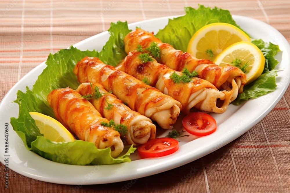 grilled calamari resting on a bed of fresh lettuce grilled calamari resting on a bed of fresh lettuce