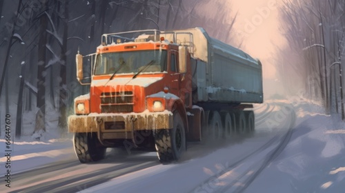 A simplified snowplow clearing a snowy road. AI generated