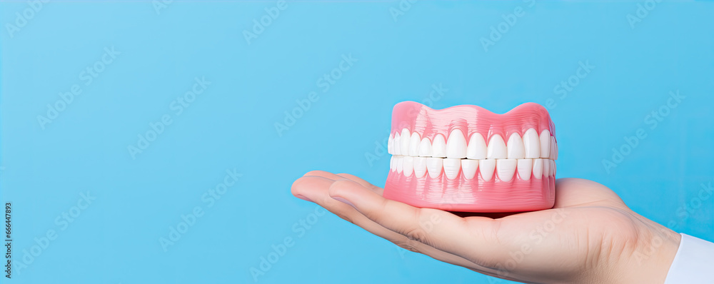 Woman Hand Holding tooth or detal model on blue background. - obrazy, fototapety, plakaty 