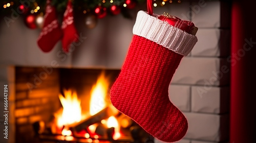 A Christmas stocking hangs on the fireplace. Generative AI,