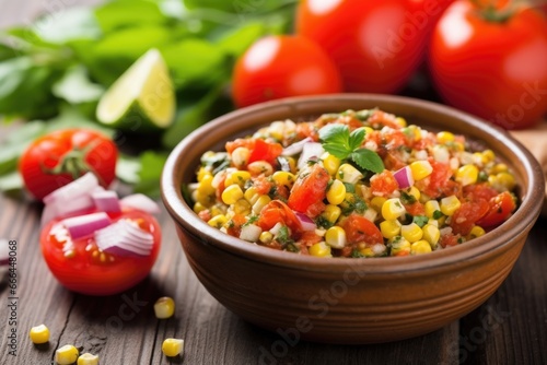 grilled corn on the cob served with tangy tomato salsa in a bowl