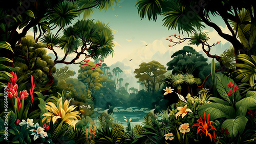 Paintings of forests  trees  flowers and wildlife in tropical nature. For working on designing things