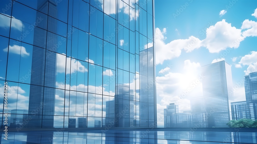 Reflective skyscrapers, business office buildings. Low angle photography of glass curtain wall details of high-rise buildings.The window glass reflects the blue sky and white clouds. Generative AI