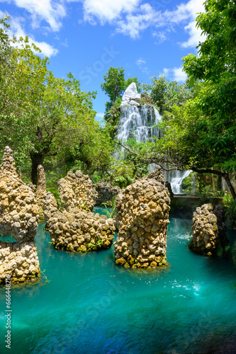 Green water pond with waterfall in a shady garden photo