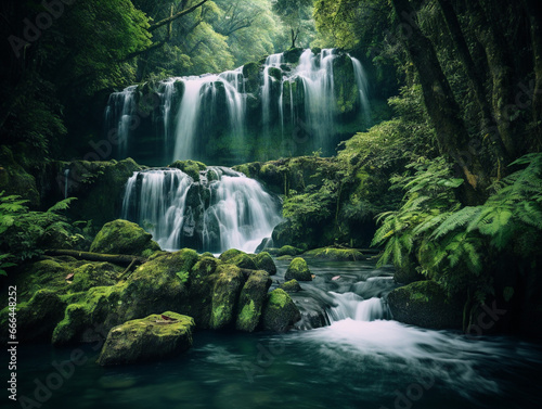A stunning waterfall cascades through a vibrant forest, displaying its natural beauty.