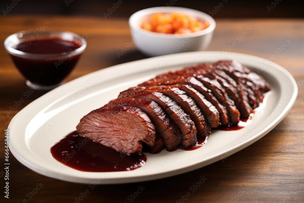 probed brisket with sauce on a porcelain serving plate