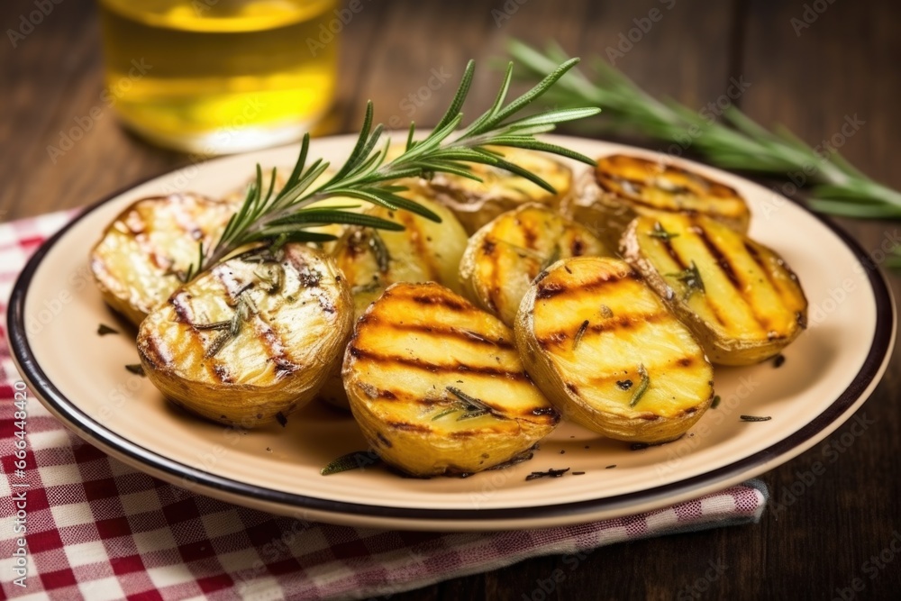 grilled potatoes with a twig of rosemary on a ceramic serving plate grilled potatoes with a twig of rosemary on a ceramic serving plate