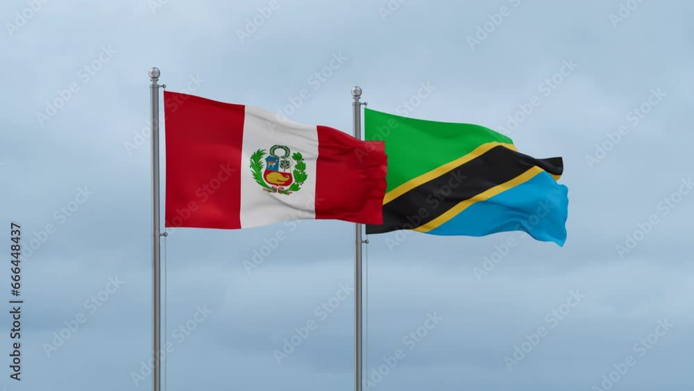 Tanzania and Peru flag waving together on cloudy sky, endless seamless loop, two country cooperation concept Tanzania and Peru flag waving together on cloudy sky, endless seamless loop, two country cooperation concept